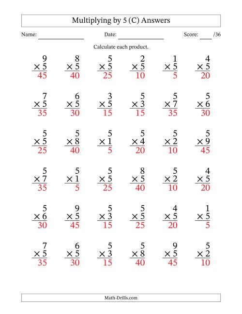 The Multiplying (1 to 9) by 5 (36 Questions) (C) Math Worksheet Page 2