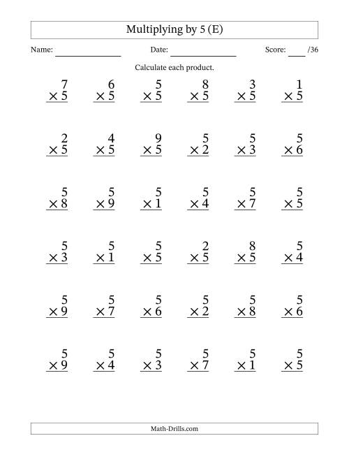 The Multiplying (1 to 9) by 5 (36 Questions) (E) Math Worksheet