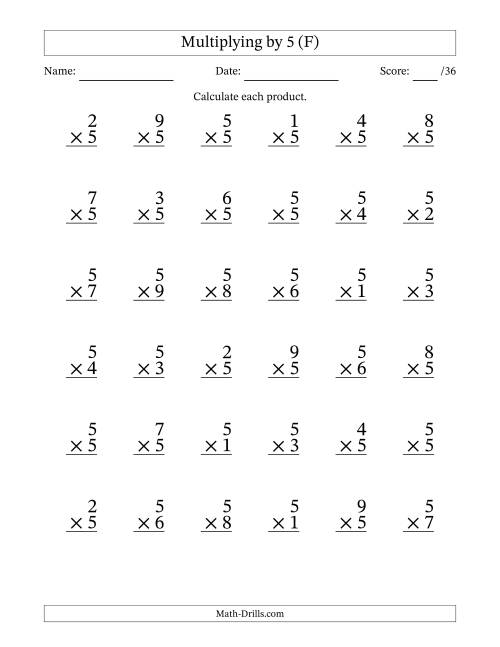 The Multiplying (1 to 9) by 5 (36 Questions) (F) Math Worksheet