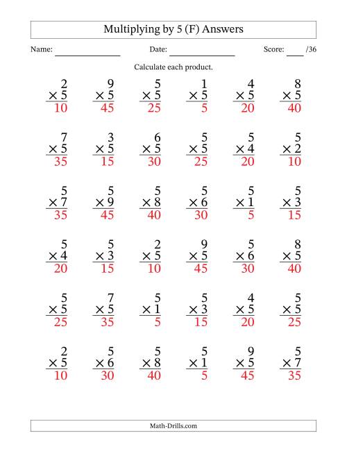 The Multiplying (1 to 9) by 5 (36 Questions) (F) Math Worksheet Page 2