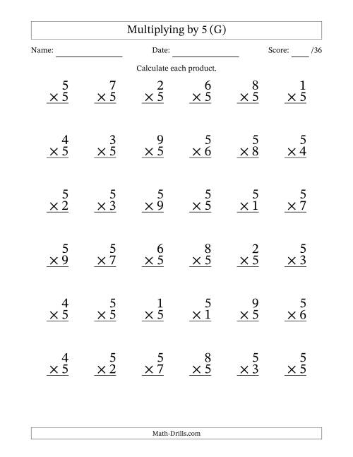The Multiplying (1 to 9) by 5 (36 Questions) (G) Math Worksheet
