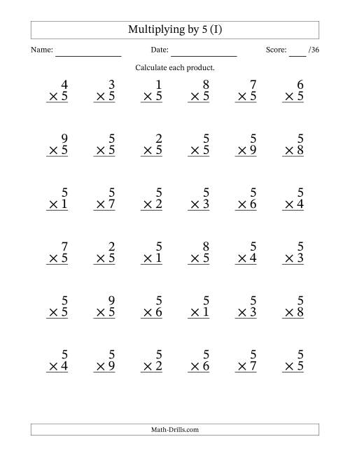 The Multiplying (1 to 9) by 5 (36 Questions) (I) Math Worksheet