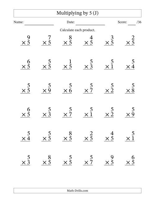 The Multiplying (1 to 9) by 5 (36 Questions) (J) Math Worksheet