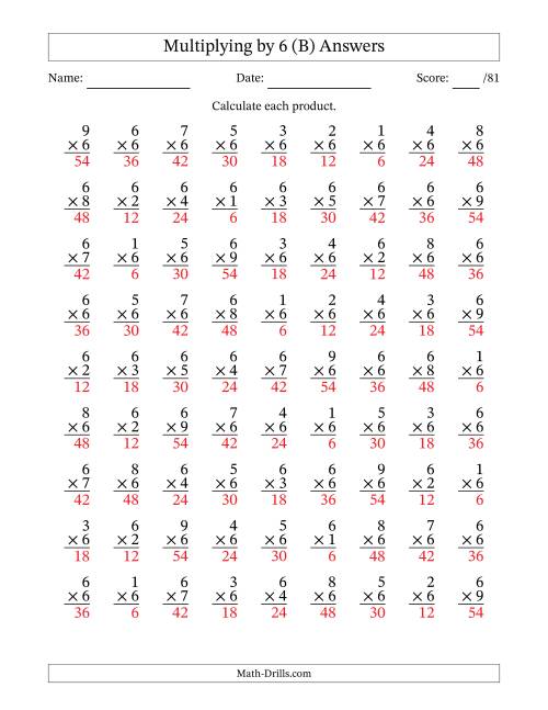 The Multiplying (1 to 9) by 6 (81 Questions) (B) Math Worksheet Page 2