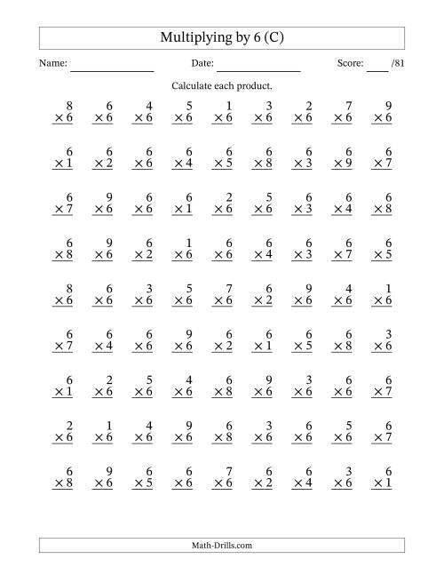 The Multiplying (1 to 9) by 6 (81 Questions) (C) Math Worksheet