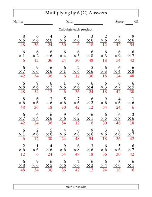 The Multiplying (1 to 9) by 6 (81 Questions) (C) Math Worksheet Page 2