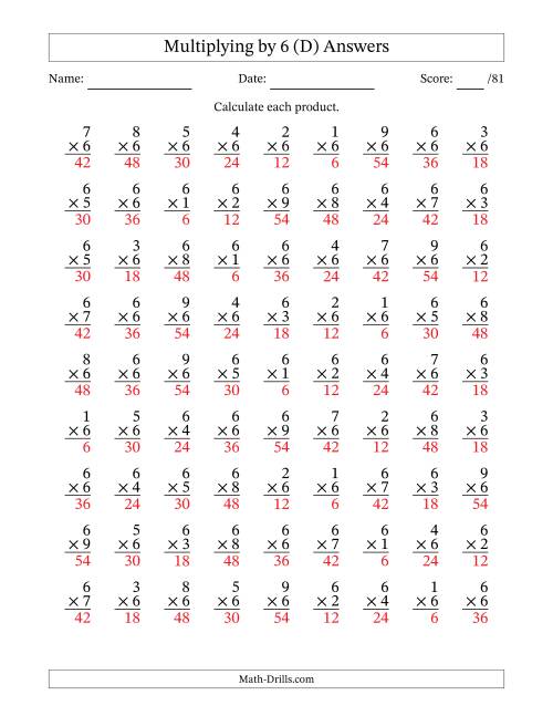 The Multiplying (1 to 9) by 6 (81 Questions) (D) Math Worksheet Page 2