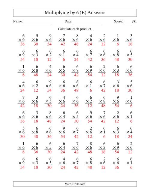 The Multiplying (1 to 9) by 6 (81 Questions) (E) Math Worksheet Page 2