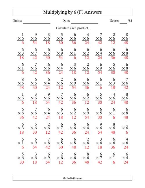 The Multiplying (1 to 9) by 6 (81 Questions) (F) Math Worksheet Page 2