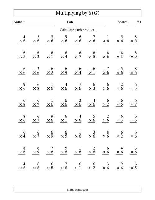 The Multiplying (1 to 9) by 6 (81 Questions) (G) Math Worksheet