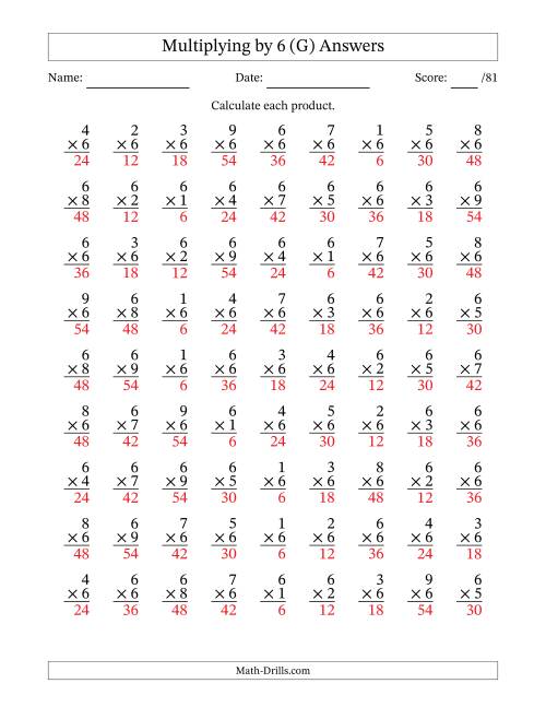 The Multiplying (1 to 9) by 6 (81 Questions) (G) Math Worksheet Page 2