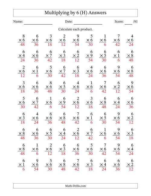 The Multiplying (1 to 9) by 6 (81 Questions) (H) Math Worksheet Page 2