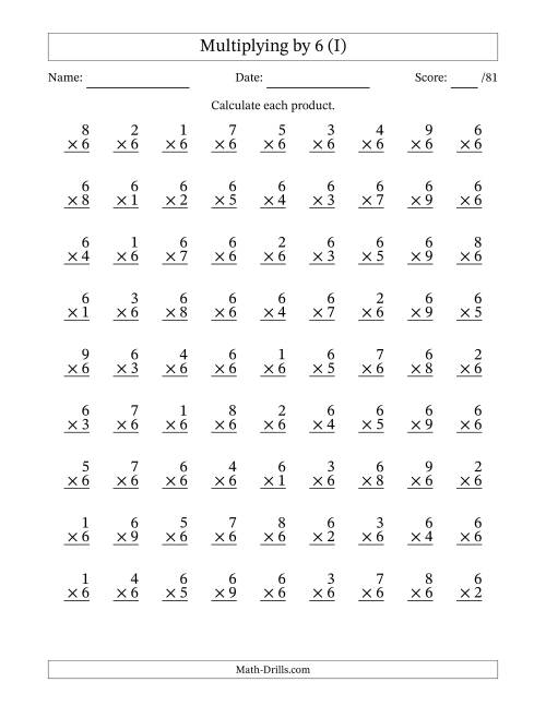 The Multiplying (1 to 9) by 6 (81 Questions) (I) Math Worksheet