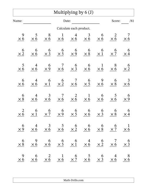 The Multiplying (1 to 9) by 6 (81 Questions) (J) Math Worksheet