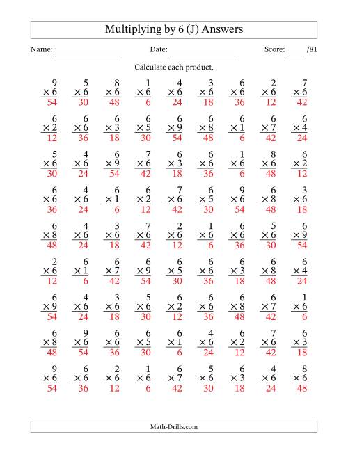 The Multiplying (1 to 9) by 6 (81 Questions) (J) Math Worksheet Page 2