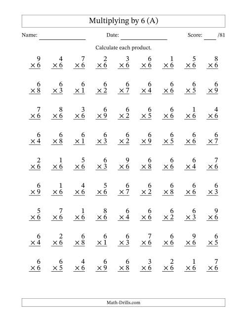 The Multiplying (1 to 9) by 6 (81 Questions) (All) Math Worksheet