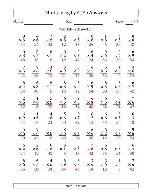 The Multiplying (1 to 9) by 6 (81 Questions) (All) Math Worksheet Page 2