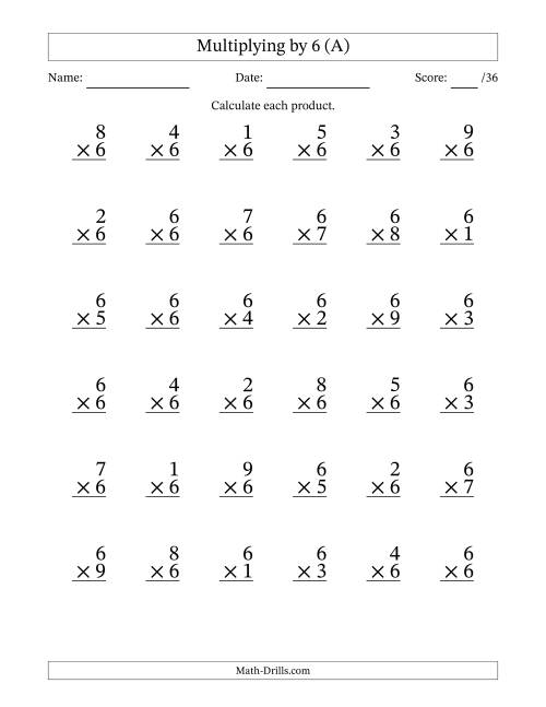 The Multiplying (1 to 9) by 6 (36 Questions) (A) Math Worksheet