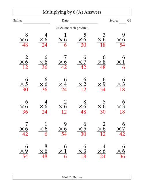 The Multiplying (1 to 9) by 6 (36 Questions) (A) Math Worksheet Page 2