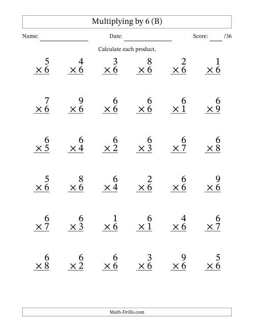 The Multiplying (1 to 9) by 6 (36 Questions) (B) Math Worksheet