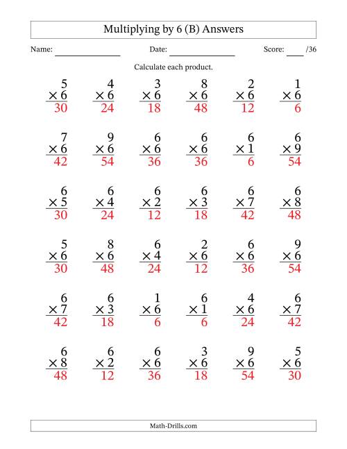 The Multiplying (1 to 9) by 6 (36 Questions) (B) Math Worksheet Page 2