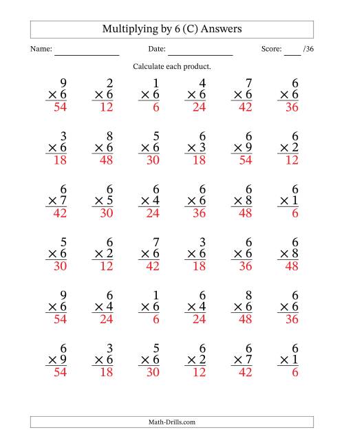 The Multiplying (1 to 9) by 6 (36 Questions) (C) Math Worksheet Page 2