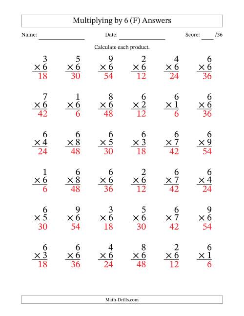 The Multiplying (1 to 9) by 6 (36 Questions) (F) Math Worksheet Page 2