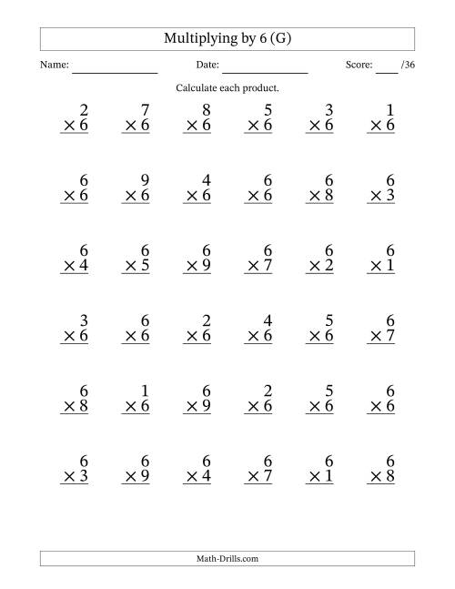 The Multiplying (1 to 9) by 6 (36 Questions) (G) Math Worksheet