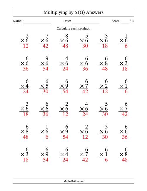 The Multiplying (1 to 9) by 6 (36 Questions) (G) Math Worksheet Page 2