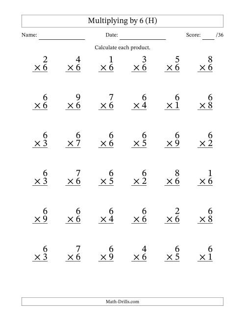 The Multiplying (1 to 9) by 6 (36 Questions) (H) Math Worksheet
