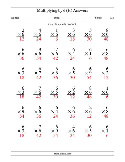 The Multiplying (1 to 9) by 6 (36 Questions) (H) Math Worksheet Page 2