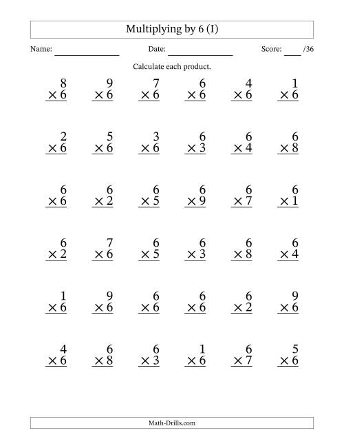 The Multiplying (1 to 9) by 6 (36 Questions) (I) Math Worksheet