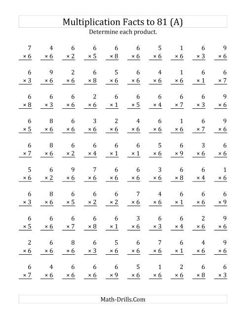 The Multiplying (1 to 9) by 6 (Old) Math Worksheet
