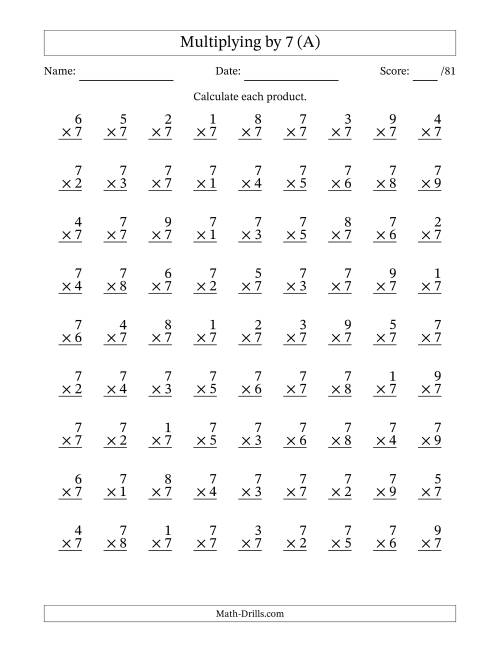 The Multiplying (1 to 9) by 7 (81 Questions) (A) Math Worksheet