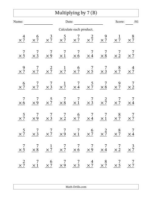 The Multiplying (1 to 9) by 7 (81 Questions) (B) Math Worksheet
