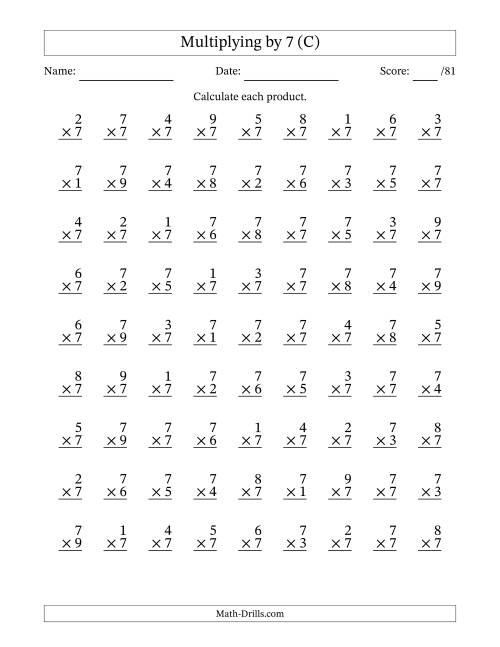 The Multiplying (1 to 9) by 7 (81 Questions) (C) Math Worksheet