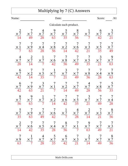 The Multiplying (1 to 9) by 7 (81 Questions) (C) Math Worksheet Page 2