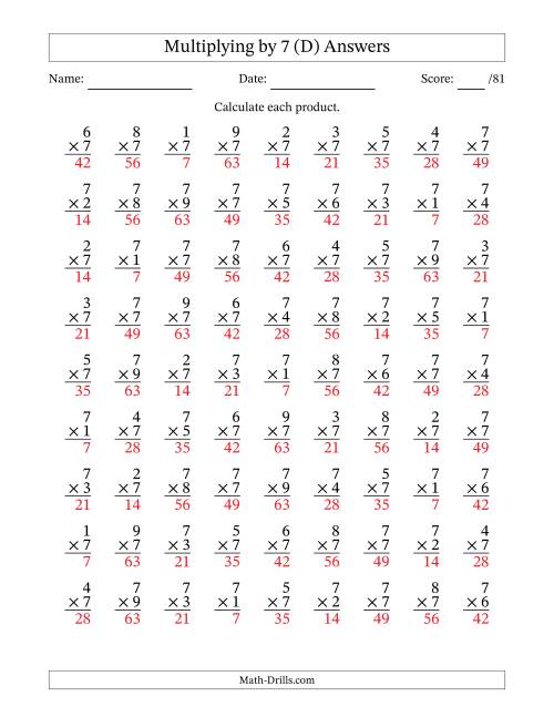 The Multiplying (1 to 9) by 7 (81 Questions) (D) Math Worksheet Page 2