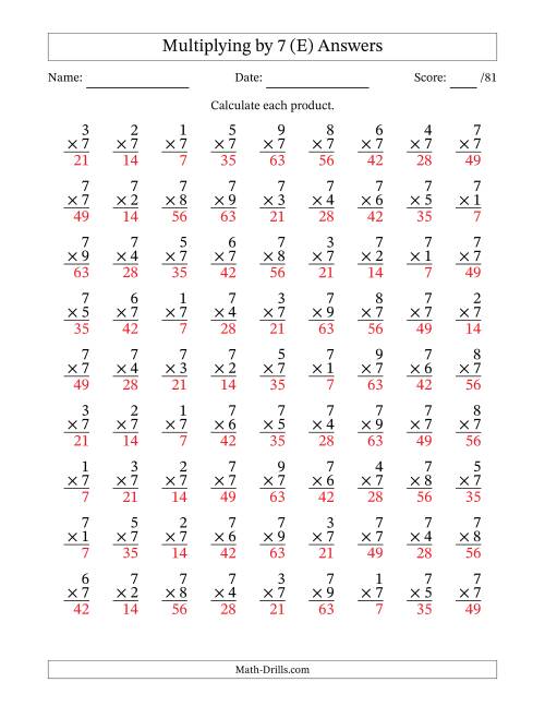 The Multiplying (1 to 9) by 7 (81 Questions) (E) Math Worksheet Page 2