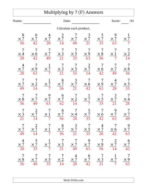 The Multiplying (1 to 9) by 7 (81 Questions) (F) Math Worksheet Page 2