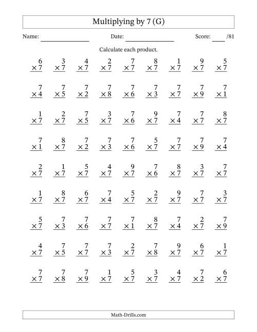 The Multiplying (1 to 9) by 7 (81 Questions) (G) Math Worksheet