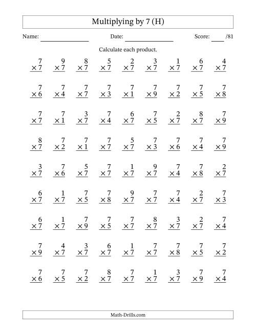 The Multiplying (1 to 9) by 7 (81 Questions) (H) Math Worksheet