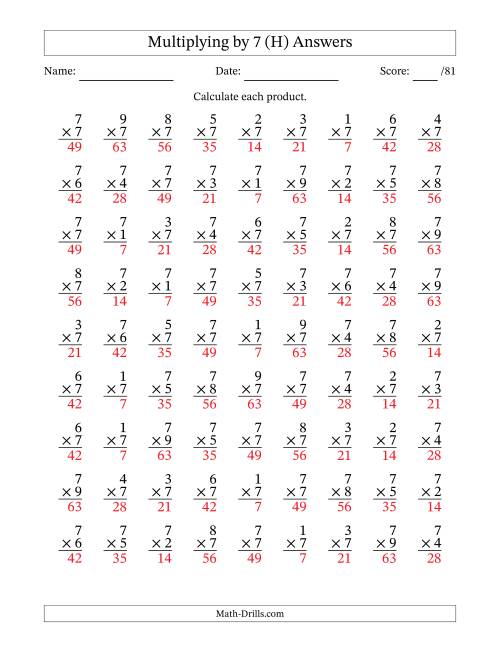 The Multiplying (1 to 9) by 7 (81 Questions) (H) Math Worksheet Page 2