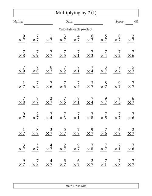 The Multiplying (1 to 9) by 7 (81 Questions) (I) Math Worksheet