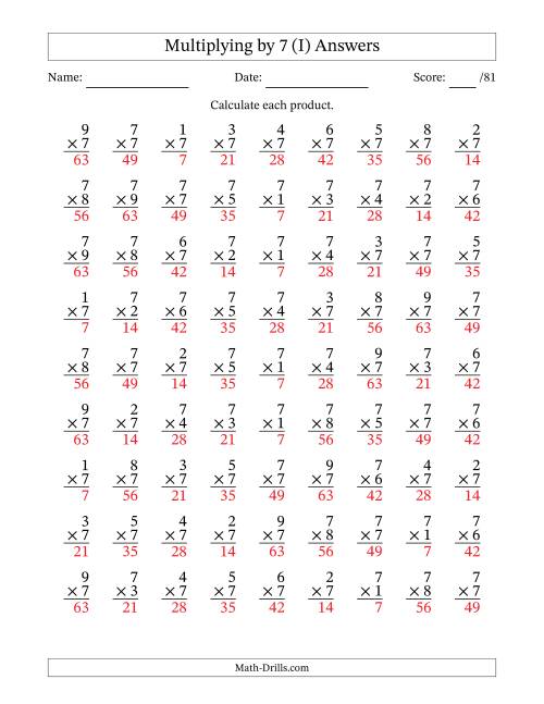 The Multiplying (1 to 9) by 7 (81 Questions) (I) Math Worksheet Page 2