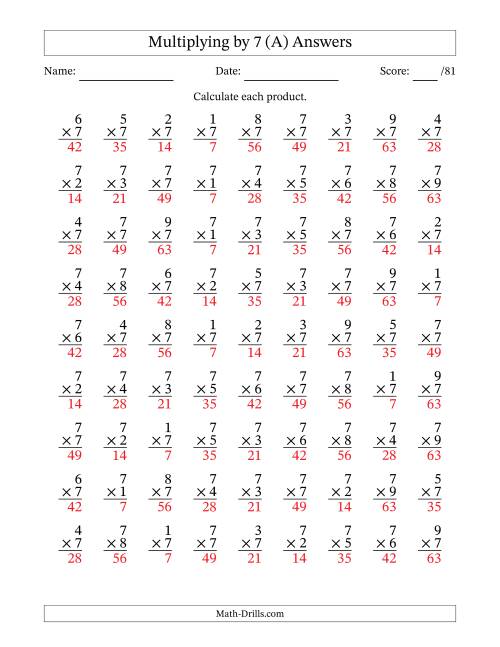 The Multiplying (1 to 9) by 7 (81 Questions) (All) Math Worksheet Page 2