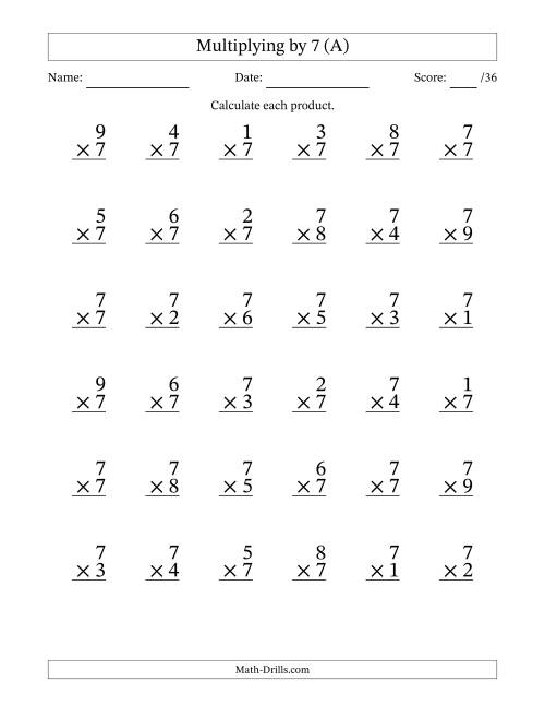 The Multiplying (1 to 9) by 7 (36 Questions) (A) Math Worksheet