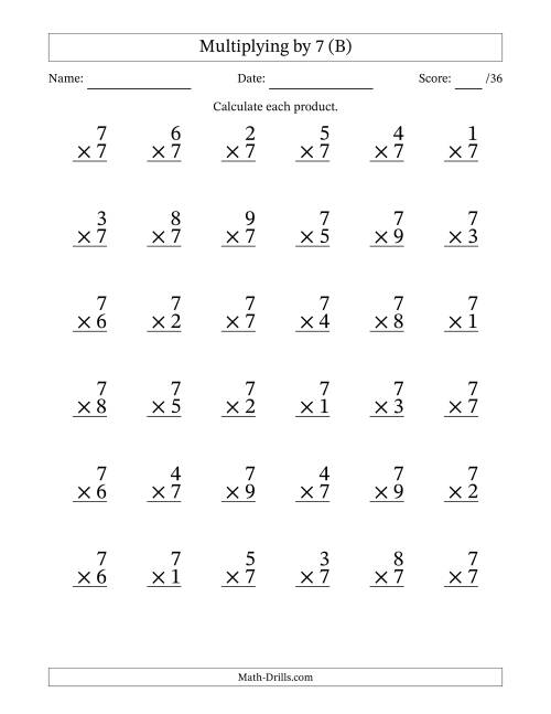 The Multiplying (1 to 9) by 7 (36 Questions) (B) Math Worksheet