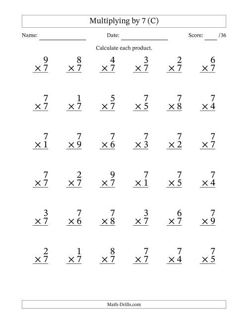 The Multiplying (1 to 9) by 7 (36 Questions) (C) Math Worksheet