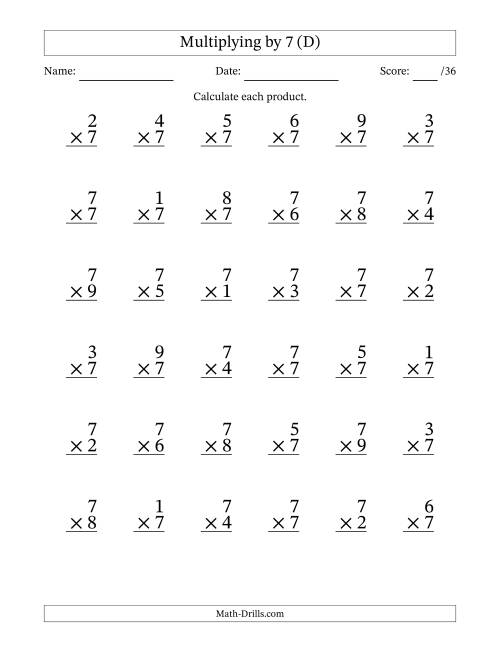 The Multiplying (1 to 9) by 7 (36 Questions) (D) Math Worksheet